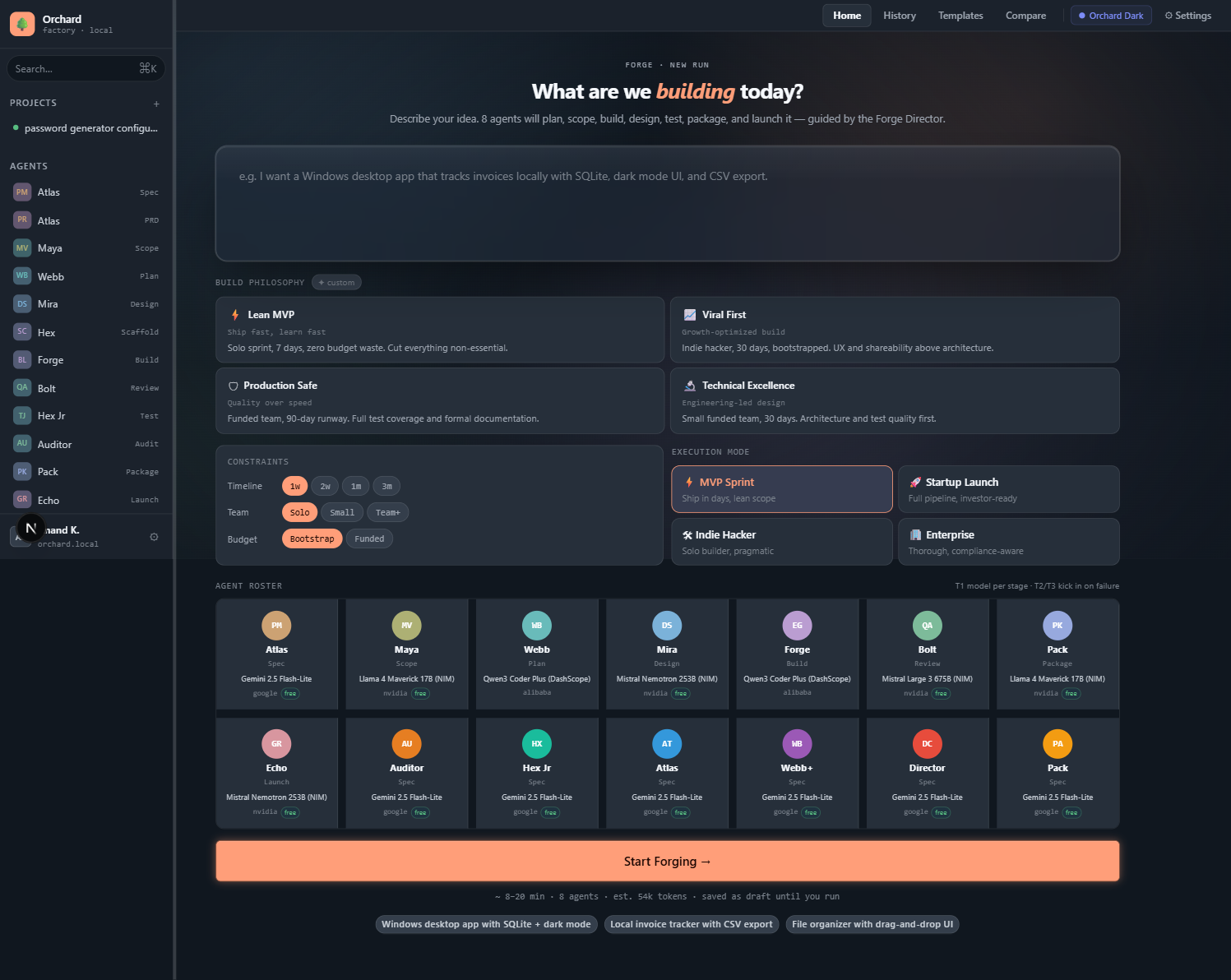 The Orchard build console and its agent roster